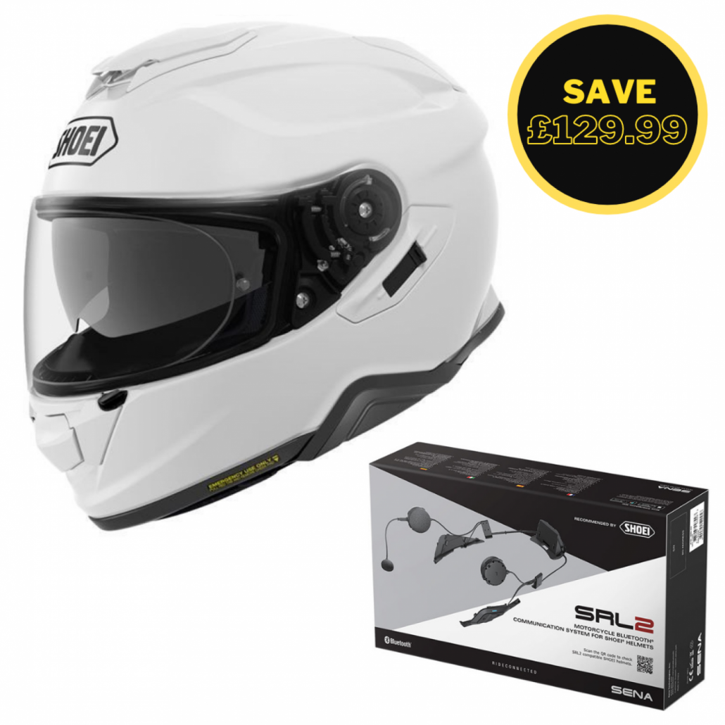 Image of SHOEI GT AIR 2 - PLAIN WHITE + SENA SRL 2 BUNDLE 